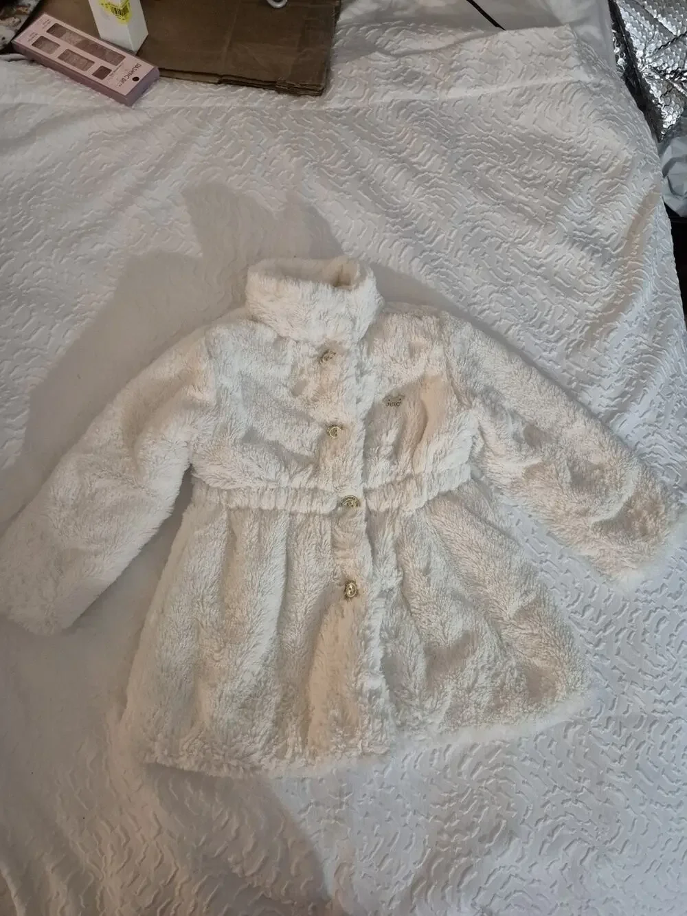 💥 Juicy Couture Girls Jacket Coat Kids Size 4t White Faux Fur Button Chic D2